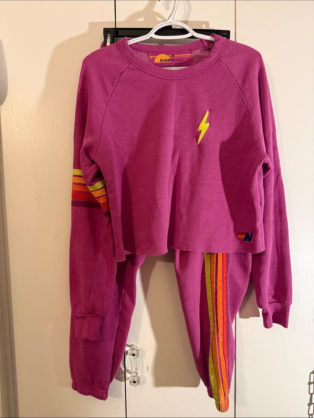 Aviator Nation Magenta Sweatshirt with Yellow Lightning & Rainbow Stripes SET